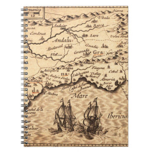 Vintage Spanish Coast Map with Sailing Galleons Notebook