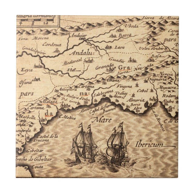 Vintage Spanish Coast Map with Sailing Galleons Tile (Front)