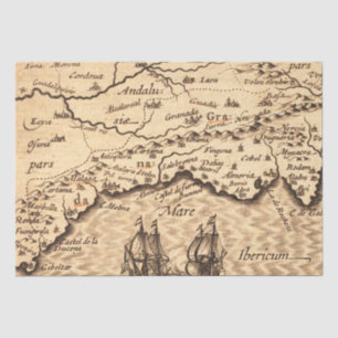 Vintage Spanish Coast Map with Sailing Galleons Tissue Paper