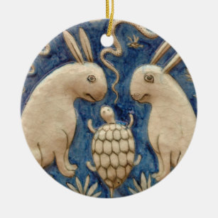 Vintage Spanish Tile Animal Rabbit Tortoise Blue Ceramic Tree Decoration