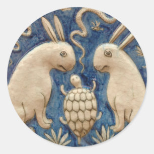 Vintage Spanish Tile Animal Rabbit Tortoise Blue Classic Round Sticker