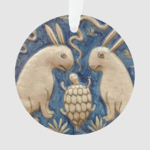 Vintage Spanish Tile Animal Rabbit Tortoise Blue Ornament