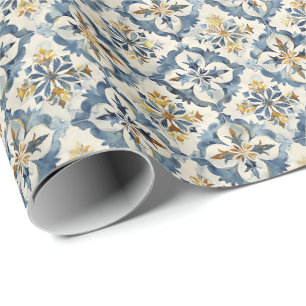 Vintage Spanish Tile Gift Wrap, Blue and Ochre Wrapping Paper