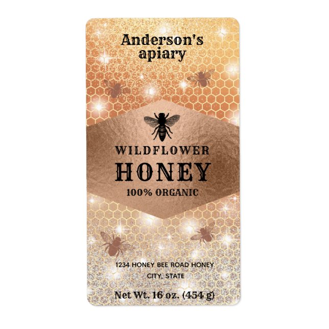 Vintage sparkle rose gold bee honey jar label (Front)