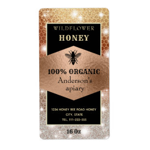 Vintage sparkle rose gold bee logo honey jar