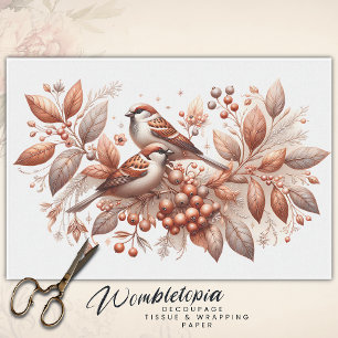 Vintage Sparrow Pair Botanical Copper Decoupage Tissue Paper