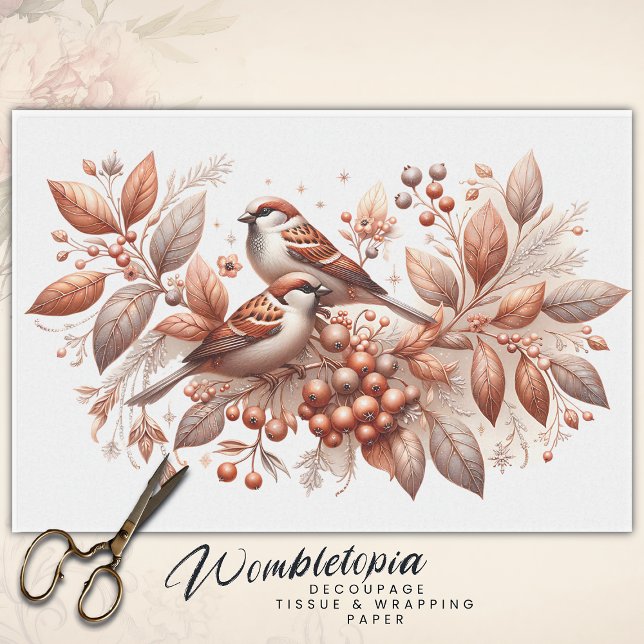 Vintage Sparrow Pair Botanical Copper Decoupage Tissue Paper (Creator Uploaded)