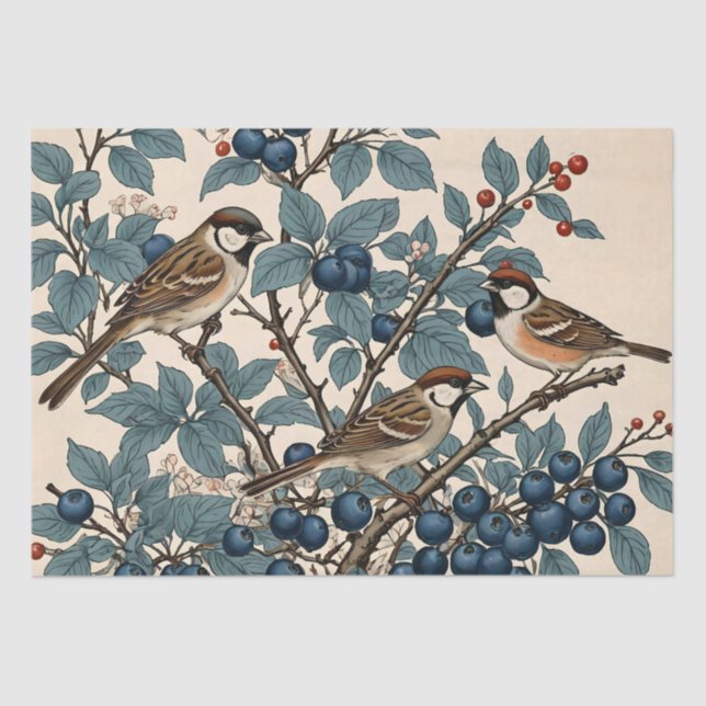 Vintage Sparrows and Blueberries Decoupage Tissue Paper (Front)