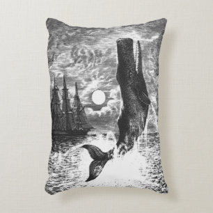 Vintage Sperm Whale Breaching, Marine Life Animals Decorative Cushion
