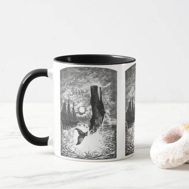 Vintage Sperm Whale Breaching, Marine Life Animals Mug (With Donut)
