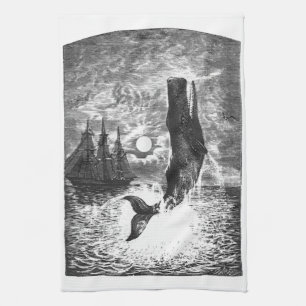 Vintage Sperm Whale Breaching, Marine Life Animals Tea Towel