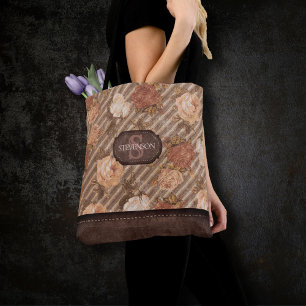 Vintage Spice Copper Rose   Rustic Floral Monogram Tote Bag
