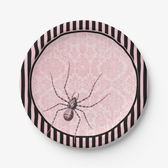 Vintage Spider on Pink Damask | Halloween Paper Plate (Front)