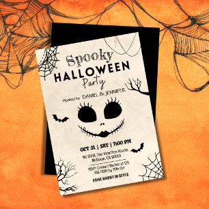 Vintage spider webs bats skull face Halloween Invitation