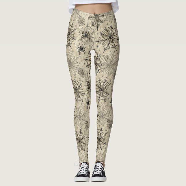 Vintage Spiders and Webs Halloween Pattern Leggings (Front)