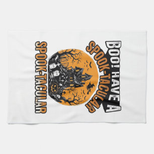 Vintage Spook-Tacular Halloween Haunted House Shir Tea Towel