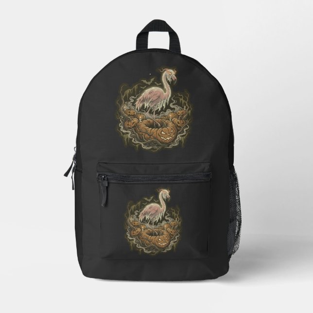 Vintage Spooky Flamingo Halloween Design Printed Backpack (Front)