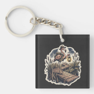 Vintage Spooky Flamingo Swamp Explorer Halloween Key Ring
