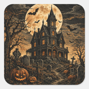 Vintage Spooky Halloween Haunted House & Pumpkin Square Sticker
