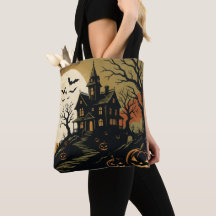 Vintage Spooky Haunted House Halloween Tote Bag