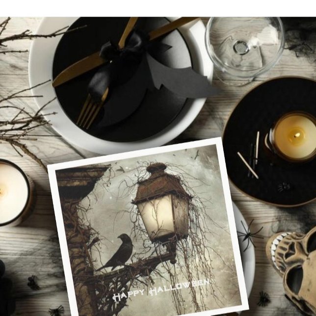 Vintage Spooky Raven on Lantern Halloween  Napkin (Creator Uploaded)