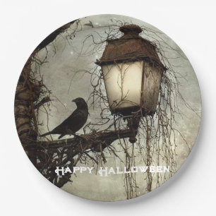 Vintage Spooky Raven on Lantern Halloween  Paper Plate
