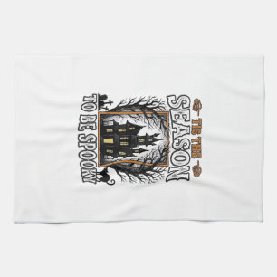 Vintage Spooky Season Haunted House Halloween Desi Tea Towel