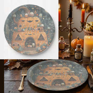 Vintage Spooky Season Pumpkin House Halloween Paper Plate