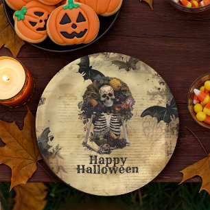 Vintage Spooky Skeleton Feast Halloween Party Paper Plate