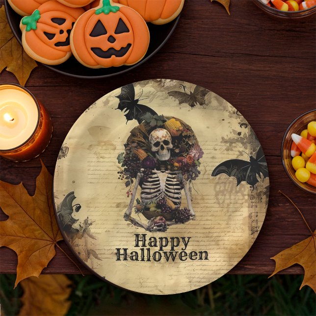  Vintage Spooky Skeleton Feast Halloween Party Paper Plate (Creator Uploaded)