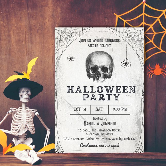 Vintage spooky skull skeletal spider Halloween Invitation (Creator Uploaded)