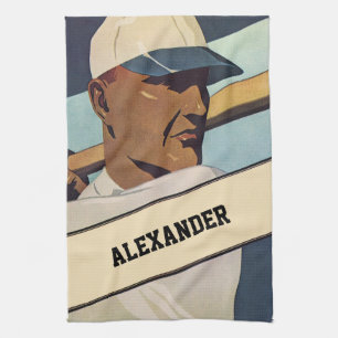 Vintage Sports Baseball Batter, Stylised Art Tea Towel