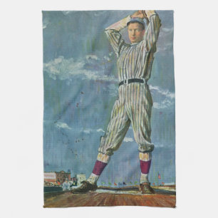 Vintage Sports Baseball, Pitcher in Baseball Game Tea Towel