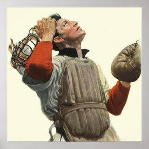 Vintage Sports Baseball Player, Catcher Look Up Poster