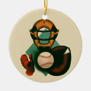 Vintage Sports Baseball Player, Catcher with Mitt Ceramic Tree Decoration