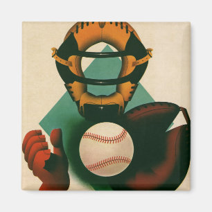 Vintage Sports Baseball Player, Catcher with Mitt Magnet