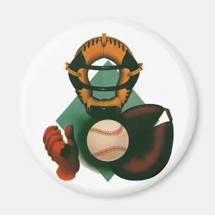 Vintage Sports Baseball Player, Catcher with Mitt Magnet