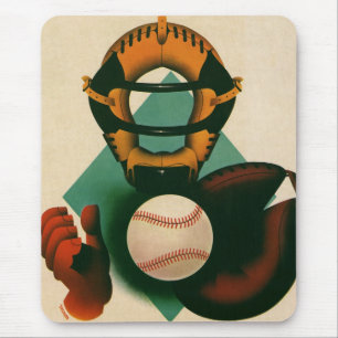 Vintage Sports Baseball Player, Catcher with Mitt Mouse Mat