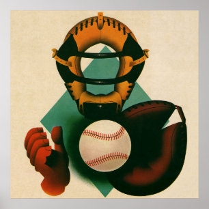 Vintage Sports Baseball Player, Catcher with Mitt Poster