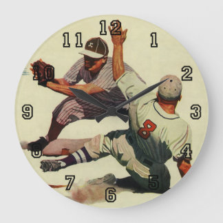 Vintage Sports Baseball, Player Sliding into Home Large Clock