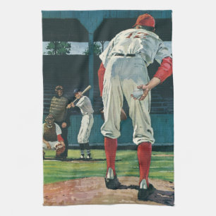 Vintage Sports Baseball Players Pitcher on Mound Tea Towel