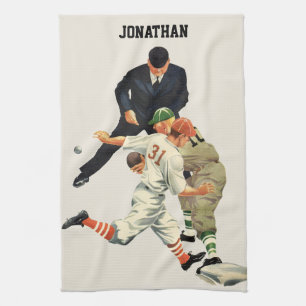 Vintage Sports Baseball Players Safe at Home Plate Tea Towel