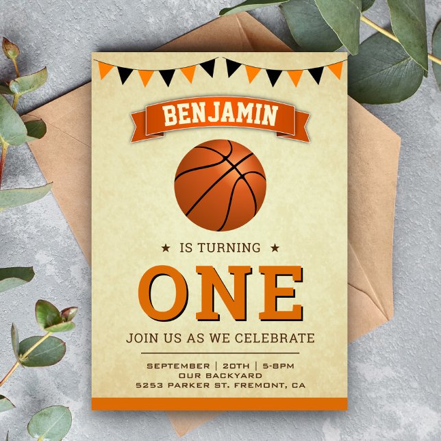 Vintage Sports Basketball 1st Birthday Party Invitation (Creator Uploaded)