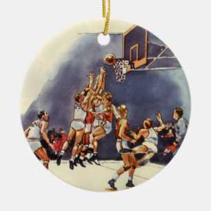 Vintage Sports Basketball, Players in a Game Ceramic Tree Decoration