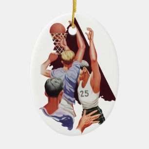 Vintage Sports, Basketball Players in a Game Ceramic Tree Decoration