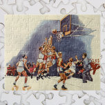Vintage Sports Basketball, Players in a Game Jigsaw Puzzle<br><div class="desc">Vintage illustration sports teams design featuring a basketball team playing a fun game of hoops with a player taking a shot on the basket with a ball and about to score with a slam dunk. Now you can pretend to be a player on your favorite school or professional team!</div>