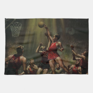 Vintage Sports Basketball, Players in a Game Tea Towel