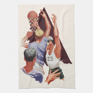 Vintage Sports, Basketball Players in a Game Tea Towel