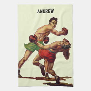 Vintage Sports Boxing, Boxers in a Fight Tea Towel