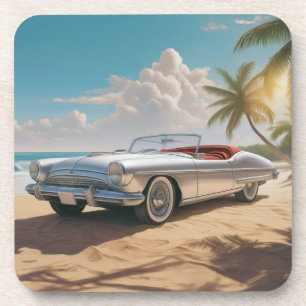 Vintage Sports car on a tropical beach Coaster